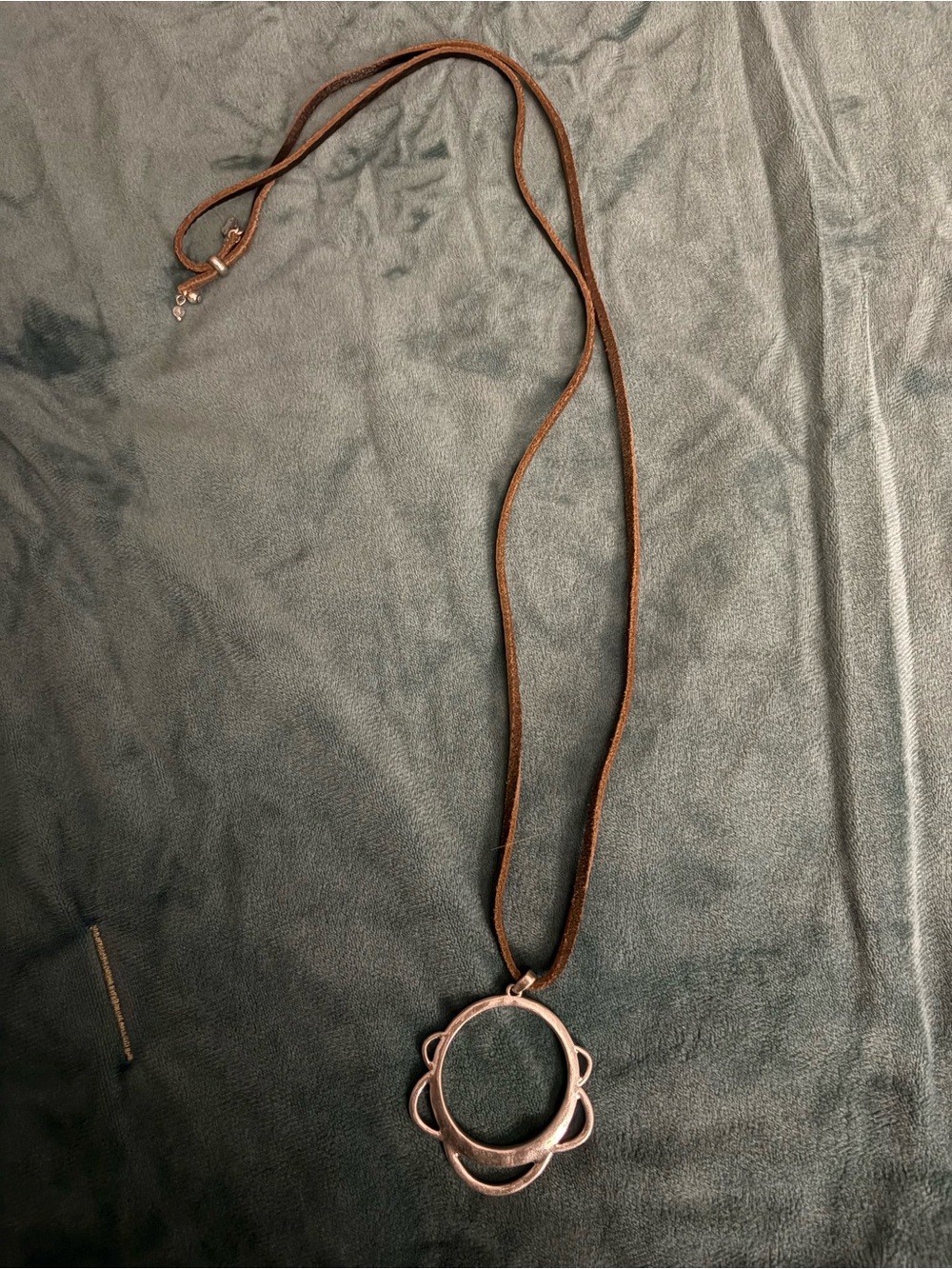 Brown Suede Necklace with Silver-Tone Circular Pendant